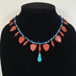 Jasper, Lapis & Turquoise Beaded 18-21.5” Statement Charm Necklace
